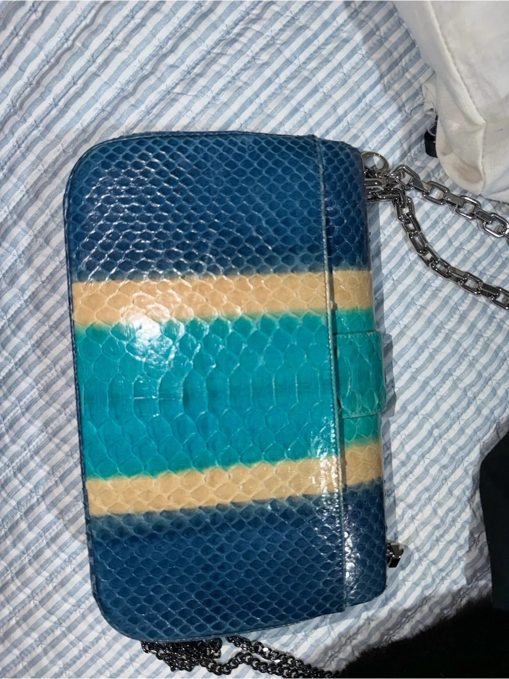 Cristian Dior Blue Teal Cream Python-Embossed Crossbody Bag